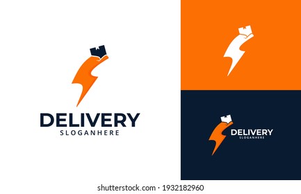 Fast Delivery Logo designs Template. Illustration vector graphic of thunder with hand hold box logo design concept. Perfect for Delivery service, Delivery express logo design.