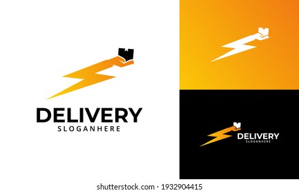 Plantilla de diseños de logotipos de entrega rápida. Ilustración vectorial gráfico del trueno con el concepto de diseño del logo de la caja de retención manual. Perfecto para el servicio de entrega, diseño de logotipo de entrega exprés.