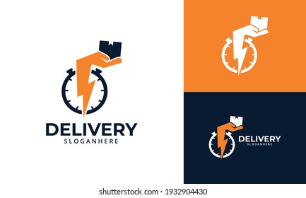 Fast Delivery Logo designs Template. Illustration vector graphic of thunder with hand hold box logo design concept. Perfect for Delivery service, Delivery express logo design.