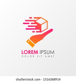 Fast delivery logo icon template design with hand and package. Vector illustration.