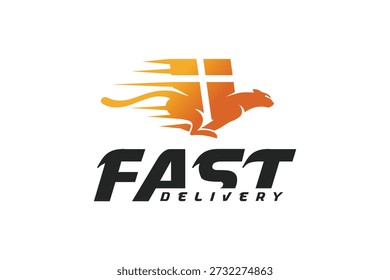 Logotipo de entrega rápida con paquete y símbolo de velocidad de guepardo