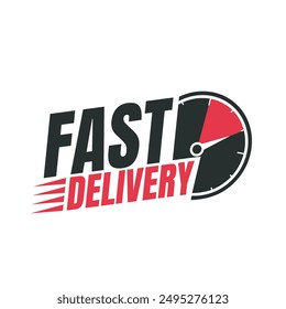 Fast delivery logo with stopwatch and speed icon. Express delivery tag, sticker, label. Product delivery headline logo.  Express and urgent delivery services. Editable text Vector illustration.