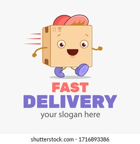 Fast delivery logo template design with a funny cute running cardboard box. Funny mascot for Express delivery. Logo template for transportation and postal logistics company design.
