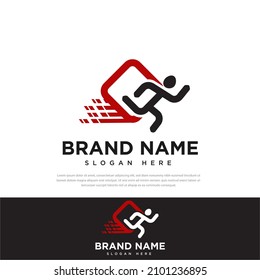 Fast delivery logo template design with people icon box. Vector illustration.