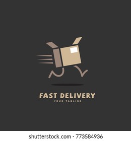 Fast delivery logo template design with a running box on a dark background. Vector illustration.