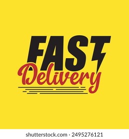 Fast delivery logo with thunder and speed icon. Express delivery tag, sticker, label. Pizza food delivery headline logo.  Express and urgent delivery services. Editable text Vector illustration.