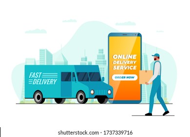 Fast delivery lorry truck ordering app concept. Smartphone with online service application and male courier with package box on city. Express cargo shipping flat vector illustration