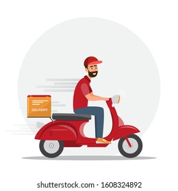 Fast Delivery Man By Red Scooter. Postman Vector Illustration Cartoon Character Flat Style. Food Service.