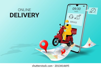 Fast delivery man by scooter on mobile. Online food order, Fast courier, Online shipping application, Smart Logistic. Parcel Box. Concept for website and banner. 3D Vector illustration
