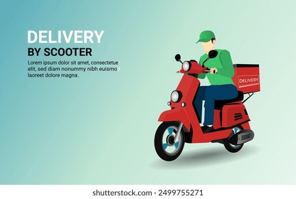 Fast delivery man by scooter. Online food order, e-commerce, Smart Logistic, Food delivery, Motorcycle, Ride scooter to deliver package. Parcel Box. Concept for website. 3D Vector illustration