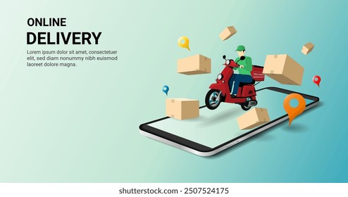 Fast delivery man by scooter on mobile with parcel box.  Online order tracking. Smart Logistic. delivery home and office. Delivery concept. website, banner,app design. 3d vector illustration