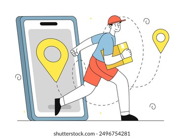 Fast delivery man. Deliveryman with cardboard box runs near smartphone. Online shopping and fast delivery. Courier delivers parcel. Shipping and transportation. Linear vector illustration