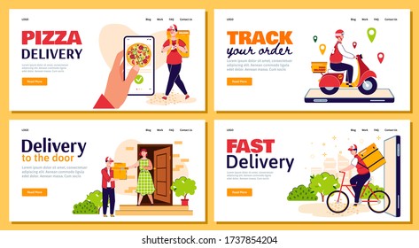 Fast delivery man with food order - cartoon banner set for pizza website