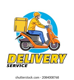 Fast delivery man with motorcycle pop art comics style.