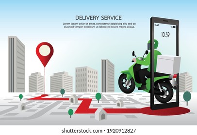 Fast delivery man with motorcycles. Customers ordering on mobile application,The motorcyclist goes according to the GPS map,The background is a cityscape. Illustration vector design for banner, web