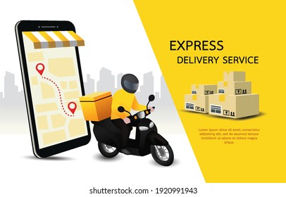 Fast delivery man with motorcycles. Customers ordering on mobile application,The motorcyclist goes according to the GPS map,The background is a cityscape. Illustration vector design for banner, web