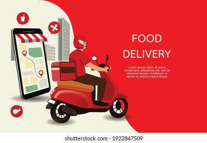 Fast delivery man with motorcycles. Customers ordering on mobile application,The motorcyclist goes according to the GPS map,The background is a cityscape. Illustration vector design for banner, web