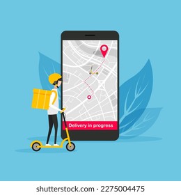 Fast delivery man on electric scooter. Tracking the movement of the courier on a map. Ordering by mobile app. Going according to the gps. Vector illustration.