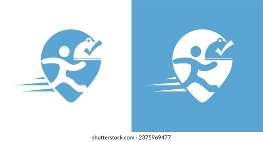 ilustración del icono del vector del logotipo del guión rápido del manual de entrega rápido. Diseño de plantillas de logotipo de entrega de comida local. Hombre corriendo con el icono de la comida. El restaurante ofrece emblema. Firma de servicios de la empresa de restauración. Vector