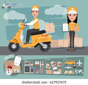 Fast delivery. Delivery Man Ride Motorcycle Service and Delivery Woman, Order, Worldwide Shipping, Free Transport. vector illustration eps10