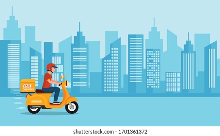 fast delivery man scooter with cityscape on background. vector illustration flat design. e-commerce food service. business and finance concept.