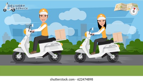 Fast delivery. Delivery Man and Woman Ride Motorcycle Service, Order, Worldwide Shipping, Free Transport. vector illustration eps10