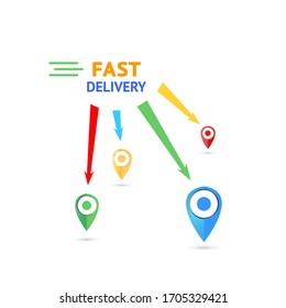 Fast delivery with map tag on white. Stock vector illustration