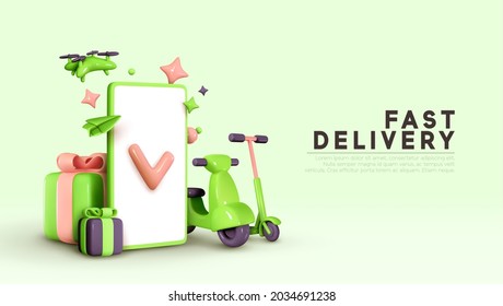 Fast delivery, motorcycle, electric scooter, drone copter, mobile phone. Realistic 3d design creative concept marketing idea. Landing page, banner poster for website. Online service ordering of goods