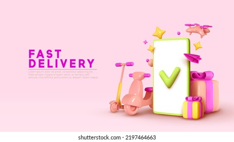 Fast delivery, motorcycle, electric scooter, drone copter, mobile phone. Realistic 3d design creative concept marketing idea. Landing page, banner poster for website. Online service ordering of goods