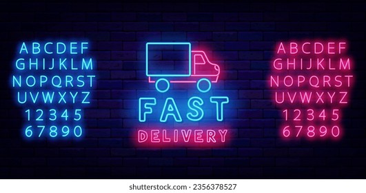 Fast delivery neon emblem. Express supply. Truck symbol. Glowing advertising. Catering service. Glowing pink and blue alphabet. Cafe and restaurant menu transportation. Vector stock illustration