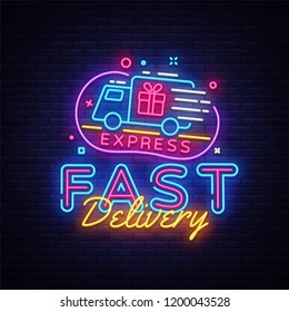 Fast Delivery neon sign vector. Delivery concept Design template neon sign, light banner, neon signboard, nightly bright advertising, light inscription. Vector illustration