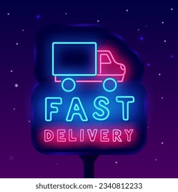 Fast delivery neon street billboard. Cargo icon. Truck transportation. Glowing outdoor advertising. Speed order transportation. Cafe and restaurant menu shipping. Vector stock illustration