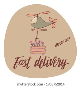 Fast delivery, no contact - hand drawing doodle illustration and sign for packaging design uses, print industry, logo, shop, delivery company, market. Vector stock isolated on white background. EPS10