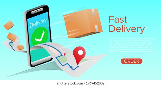 Fast delivery on mobile. E-commerce concept. Online food order infographic. Webpage, app design. Perspective art vector.