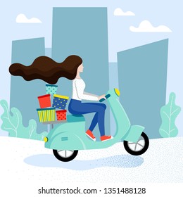 Fast delivery on scooter. Shipment concept. Girl courier rides a moped in the city. Delivery service poster with female character. Vector illustration