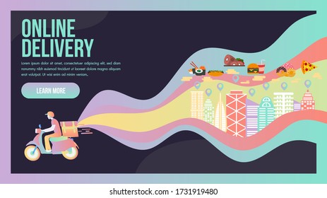 Fast delivery online app by scooter.Delivery man flat vector cartoon futuristic character restaurant food service.Online food order infographic.Webpage, app design.