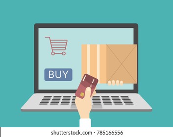 Fast delivery online. E-shopping with card on computer.