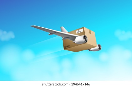 Fast delivery online service, technology transportation express logistic company. Concept flying box fastest way to deliver the ordered product around the world to your home for 3d vector illustration