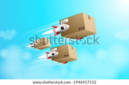 Fast delivery online service, technology transportation express logistic company. Concept flying box fastest way to deliver the ordered product around the world to your home for 3d vector illustration
