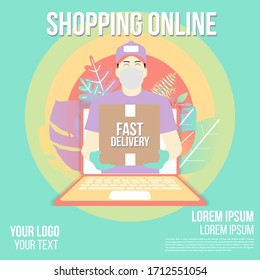 Fast delivery online shopping app by man with mask on laptop.Delivery man flat vector cartoon futuristic character restaurant food service.Online food order infographic.Webpage, app design.