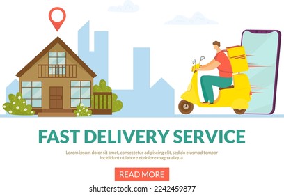 Fast delivery with online smartphone order service, web page vector illustration. Courier ride scooter to home, express food shipping business