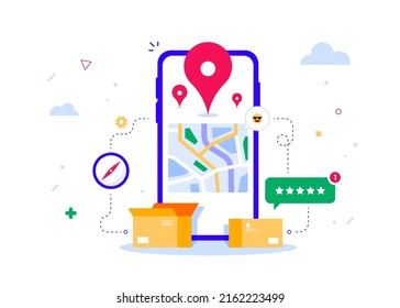 Schnelle Lieferung und Online-Tracking Konzept. Symbole für die Zustelldienst-App. Handy mit Karte, Kartonausgabe, Ortsbuchse, Nachrichtenfenster. Vektorgrafik einzeln auf Weiß.