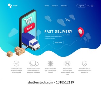 Fast Delivery online vector isometric illustration. Landing page concept with phone, icons on blue fluid shape background. Logistic digital shopping advert concept. For web, template, ui, mobile app