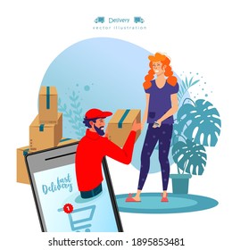 Fast delivery. Ordering for house packages. Online delivery creative concept. E-commerce concept. A woman receives a parcel.