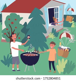 Fast delivery out of town. Father and son are preparing marshmallows in the yard and talking to a grandmother on a video conference. Mom in the house receives mail. Mail, parachute. Vector