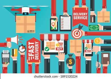Fast delivery package by delivery drone. Online delivery service. Internet e-commerce. Shopping online on laptop, smartphone or website. Concept flat design. Vector illustration