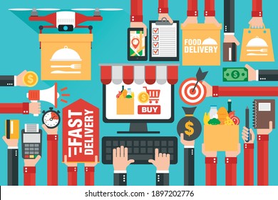 Fast delivery package by drone. Online delivery service. Internet e-commerce. Online shopping food on computer or website. Concept flat design. Vector illustration