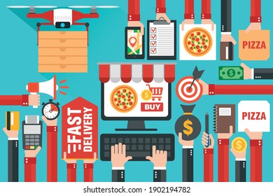 Fast delivery package by drone. Online delivery service. Internet e-commerce. Online shopping pizza on computer or website. Concept flat design. Vector illustration
