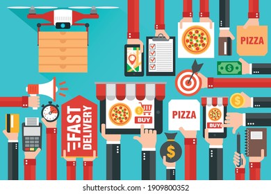 Fast delivery package by drone. Online delivery service. Internet e-commerce. Online shopping pizza on laptop, smartphone or website. Concept flat design. Vector illustration