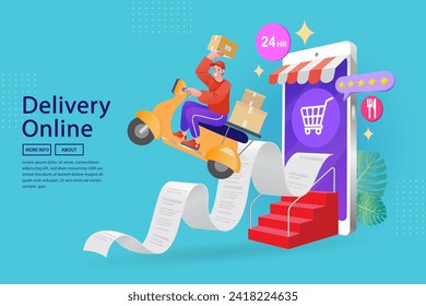 Fast delivery package by mobile phone. Huge bill. Concept of mobile digital marketing and e-commerce. Online shopping with character. Fast delivery by scooter. Flat vector outline illustration.